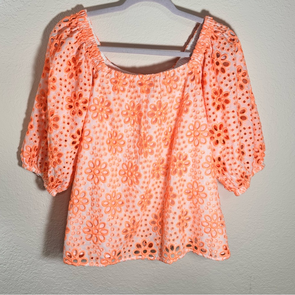 Lilly Pulitzer Kerrigan Elbow Sleeve Top Cantaloupe Funflower Eyelet - Picture 5 of 11